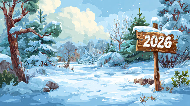 place sign with new year number 2026 in snowy winter landscape vector illustration