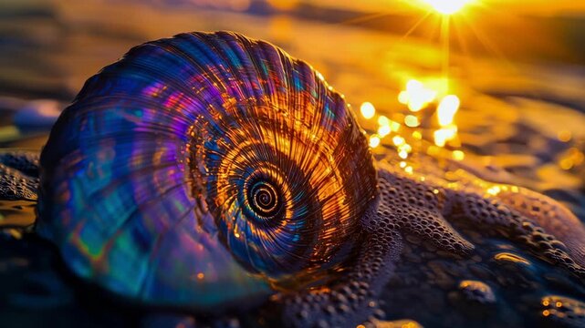 Iridescent shell spiral macro on beach at sunset with ocean foam, vibrant coastal nature detail, luminous reflective seashell beauty near surf