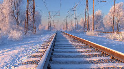 Fototapeta premium railway tracks in winter landscape on sunny day animation