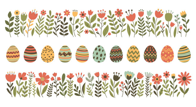 A beautiful collection of Easter and spring themed elements including two floral borders and a row of decorated Easter eggs.