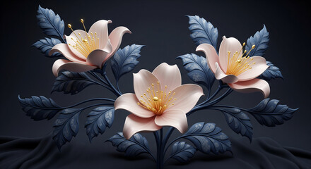 Elegant 3D Floral Relief Art with Cream Blossoms, Blue Leaves and Gold Accents, 3D Floral Wallpaper, 3D Wall Mural, 3D Floral Background.