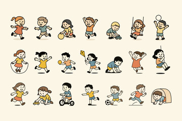 Children Playing Doodle Set. Minimalist Expressive Kids Line Art in Soft Color for Education, Stickers, Posters, and Creative Projects