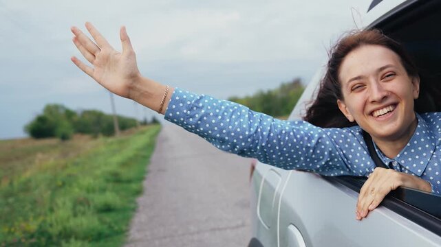 family girl car window, happy face woman smile, fresh air travel, countryside travel female, travel enjoyment wind, joyous laughter road, vacation drive cheer, adventure seeker woman, carefree journey