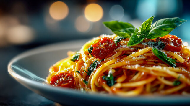Plate of freshly cooked spaghetti topped with cherry tomatoes, basil leaves, and grated cheese