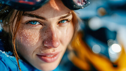 Close-up portrait of a woman in snow gear with frost on her face, looking into the distance during a winter sports adventure