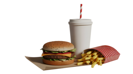 A delicious hamburger sits next to a drink and a box of french fries.