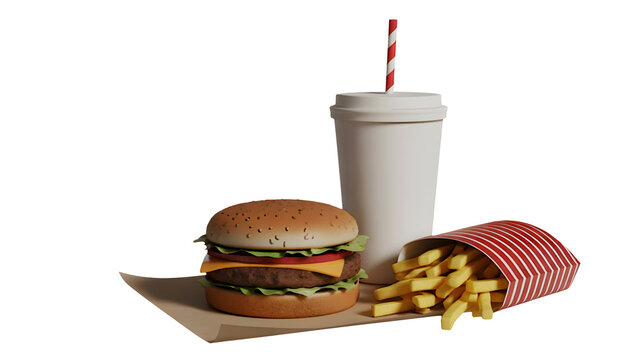 A delicious hamburger sits next to a drink and a box of french fries.