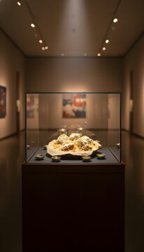 Creative museum-style exhibition featuring a traditional Jordanian Mansaf dish presented inside a glass display case, with warm ambient gallery lighting and cultural storytelling elements 