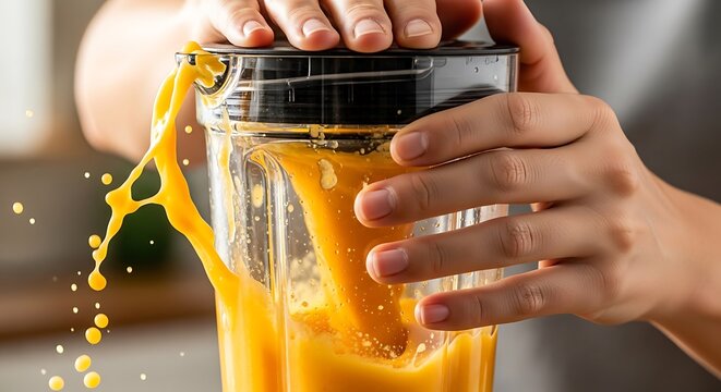 Person blending healthy, orange fruit smoothie with a splash effect, fresh