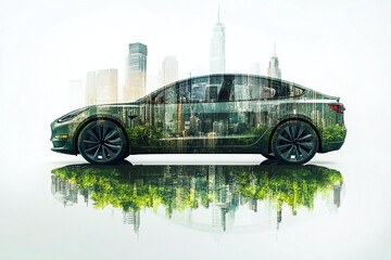 Eco Car Double Exposure City Concept
