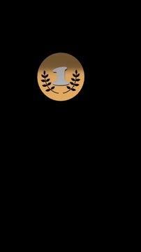 Gold medal with number one and laurel leaves on black background  