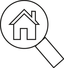 Home Search: A simplified illustration, a magnifying glass perfectly frames a house, emphasizing the concept of property exploration and search.