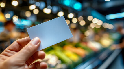 Hand holding a blank white card against a colorful, blurred supermarket produce section