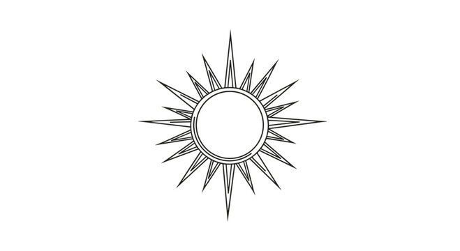 A bold black outline drawing of a stylized sun featuring sharp pointed rays forming an elegant compass rose-like design.