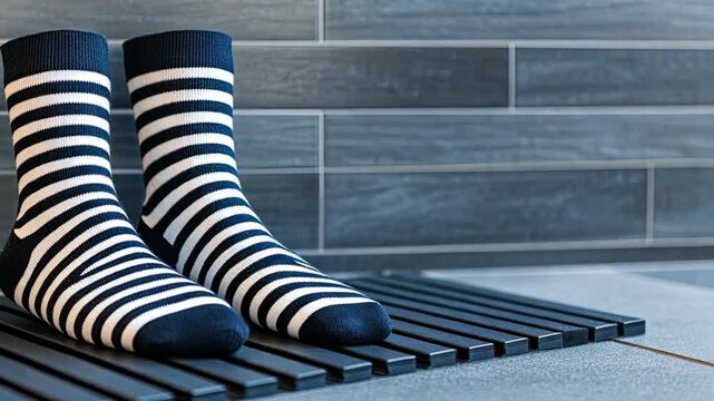 Striped socks resting on a stylish mat in a contemporary indoor space near water