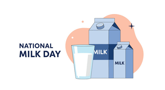 A clear message "NATIONAL MILK DAY" is presented alongside a refreshing glass of milk and two distinct milk cartons in light blue.