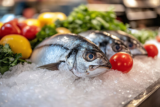 Whole dorado fish lie on a bed of crushed ice at a market counter. The scene emphasizes freshness, quality seafood, and clean chilled food presentation.