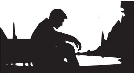 Silhouette of a thoughtful man sitting on a bench vector illustration depicting loneliness and contemplation isolated on white background