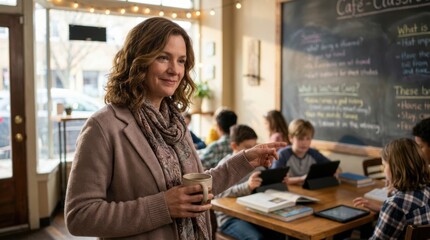 Teacher oversees students using tablets in classroom a blended learning environment fostering education and technology skills