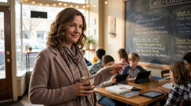 Teacher oversees students using tablets in classroom a blended learning environment fostering education and technology skills