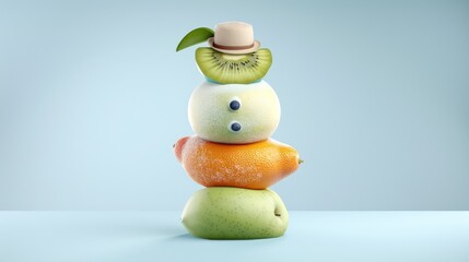 Stacked Fresh Fruit with Kiwi Hat on Blue Background