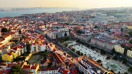 Golden Hour Over Lisbon – Cinematic Drone Pan Above Colorful Rooftops, Red Palms. Portugal Aerial 