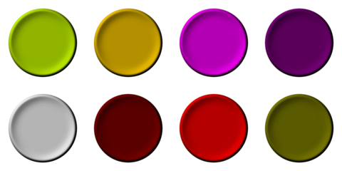 A collection of eight vibrant, multi-colored circular discs with a 3D effect on a plain white surface.