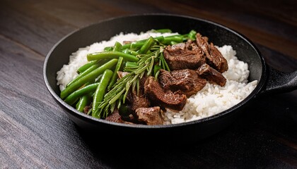 Delicious Beef Tips With Rice And Green Beans Garnished With Fresh Rosemary And Onions In A Skillet