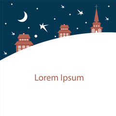 Template poster for Christmas party, church service. White background, starry night, church, Lorem Ipsum stock vector illustration for web, for print
