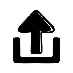 Black and white stylized upload icon with upward pointing arrow symbol