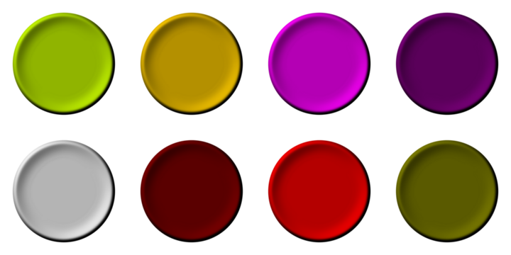 A collection of eight vibrant, multi-colored circular discs with a 3D effect on a plain white surface.