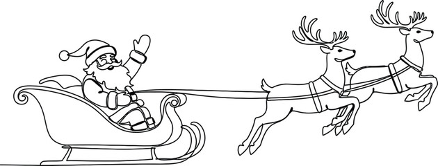 Santa claus in sleigh with reindeer line art illustration