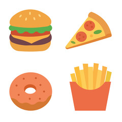 Fast Food Icons Set – Burger, Pizza Slice, Donut and French Fries Flat Vector Illustration