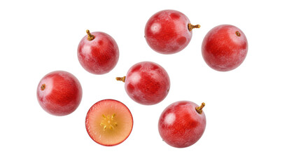 Seven vibrant, deep dark red grapes, perfectly spherical and plump, frozen mid-air against a transparent studio background with copy space, showcasing natural freshness and vitality, concept for