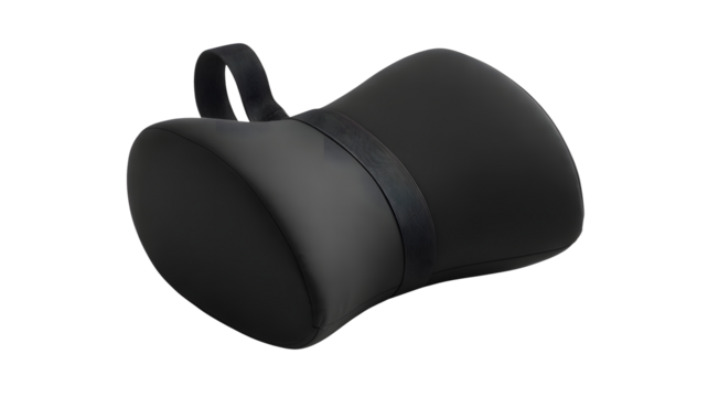 A black neck pillow rests with a handle attached for support and comfort.