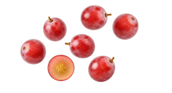 Seven vibrant, deep dark red grapes, perfectly spherical and plump, frozen mid-air against a transparent studio background with copy space, showcasing natural freshness and vitality, concept for