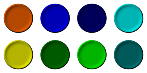 Eight colorful circular buttons or discs in shades of orange, blue, green, and yellow arranged in two rows on a white background.