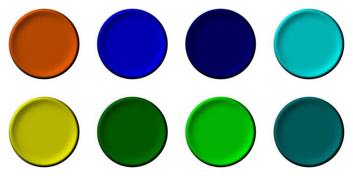 Eight colorful circular buttons or discs in shades of orange, blue, green, and yellow arranged in two rows on a white background.