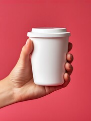 Hand holding white reusable coffee cup on pink background