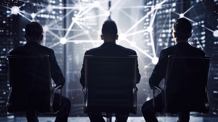 Three Businessmen Sitting in Dark Conference Room Surrounded by Digital Network Data