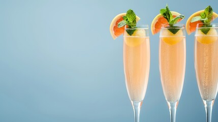 Three Champagne Flutes with Citrus and Mint Garnish on Light Blue Background