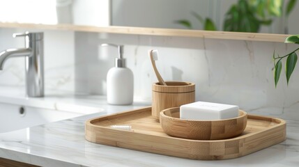 Bright, minimalist bathroom interior with natural bamboo toiletries, a white marble vanity, and eco-friendly personal care items.