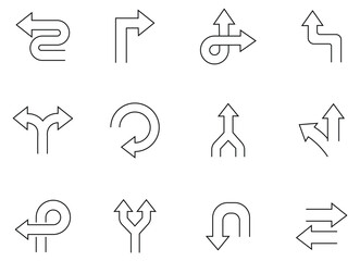 Collation of direction arrow line icon set. Modern simple arrows. Location point crossroad, driving direction mark, way direction arrow. Arrow template set. Vector illustration. 