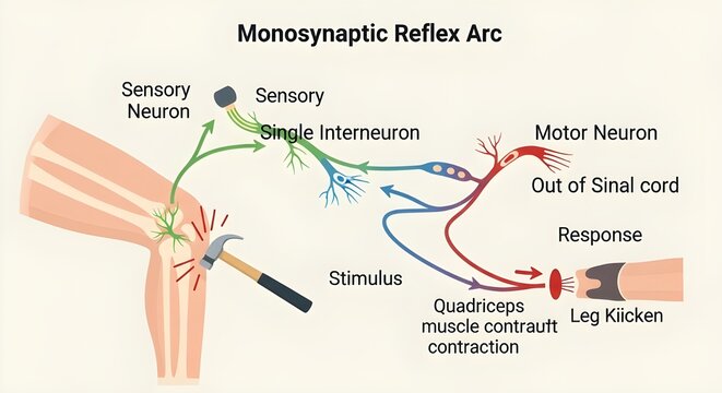 Monosynaptic Knee Jerk Reflex Arc &ndash; Patellar Tendon Hammer Leg Kick Medical Illustration