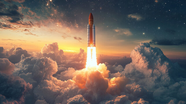 A dramatic rocket ascent cuts through bright smoke and atmospheric contrast. A strong visual for tech innovation, startup energy, and visionary progress. - Powered by Adobe