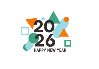 2026 Happy New Year graphic with geometric shapes.