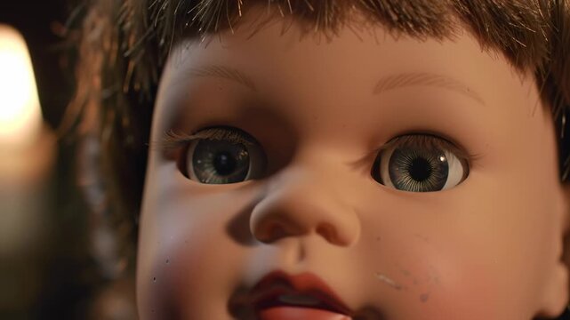 Creepy Doll Eyes Staring Closeup for Horror Film or Suspense Scene.