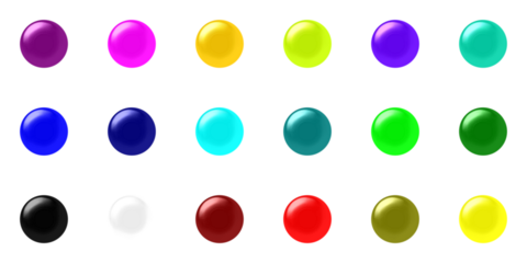An assortment of eighteen colorful, glossy, three-dimensional spheres arranged in neat rows on a white background.