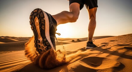 Athletic runner strides across a desert landscape sending sand flying in a display of energy and perseverance during golden hour