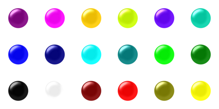An assortment of eighteen colorful, glossy, three-dimensional spheres arranged in neat rows on a white background.